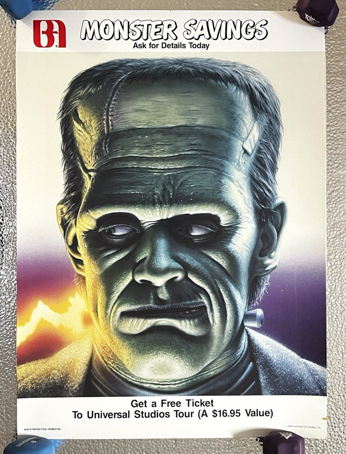 Vintage Frankenstein Monster Savings Poster Bank of America Universal Studios