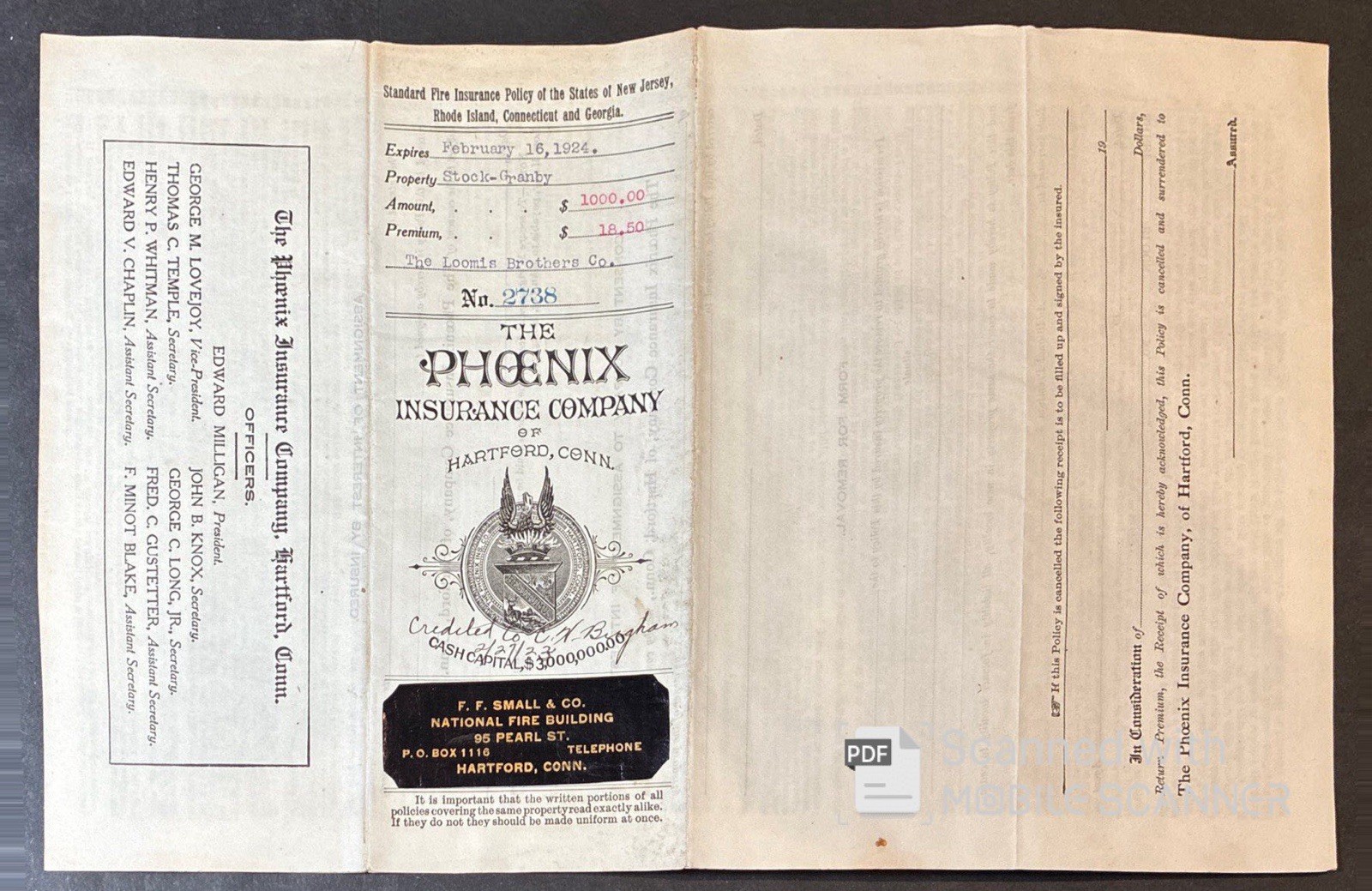 THE PHOENIX INSURANCE CO. OF HARTFORD POLICY on Loomis Bros. Inventory 1923-1924