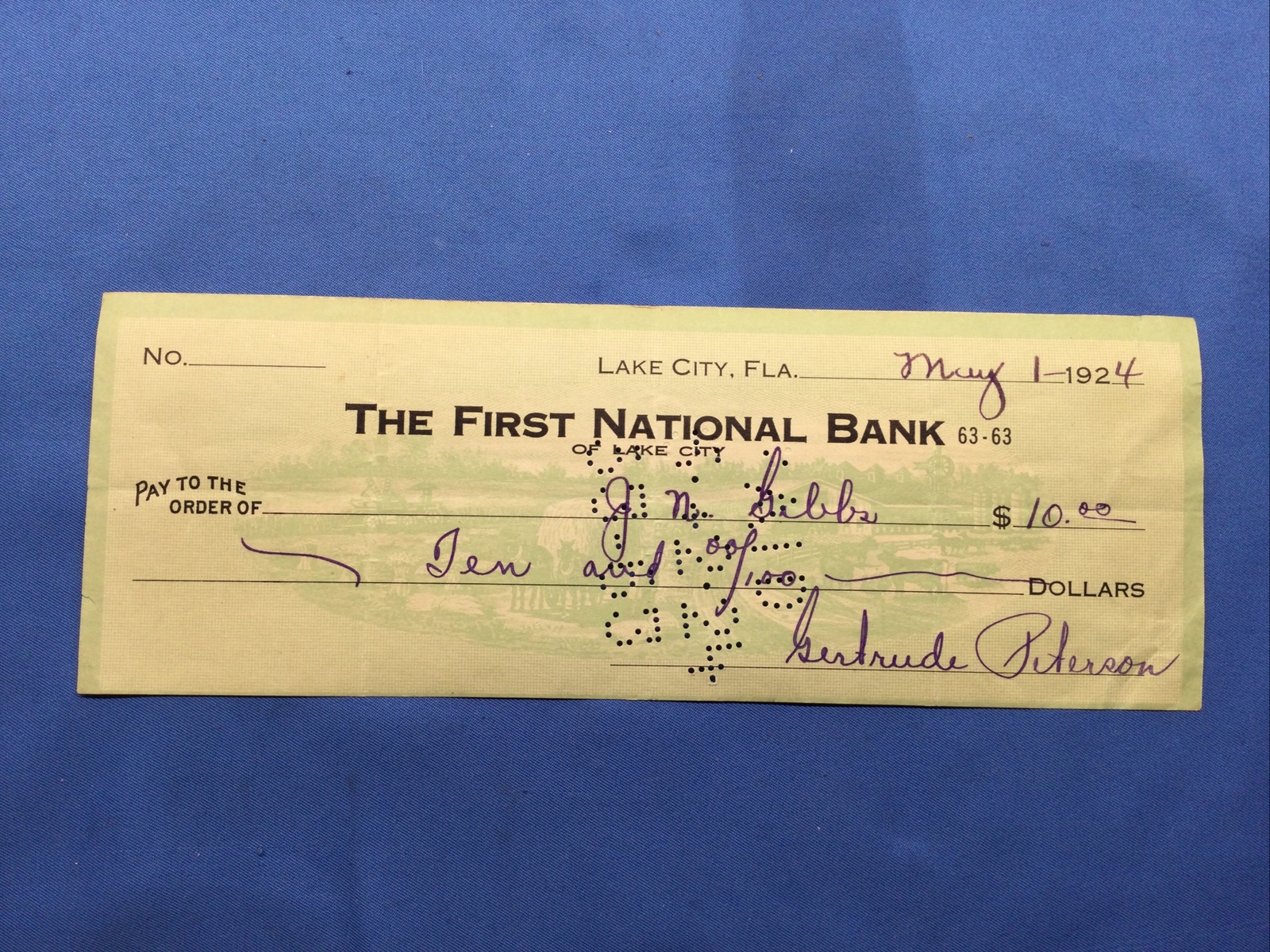 1924 THE FIRST NATIONAL BANK – LAKE CITY FL FLA Cashed Check