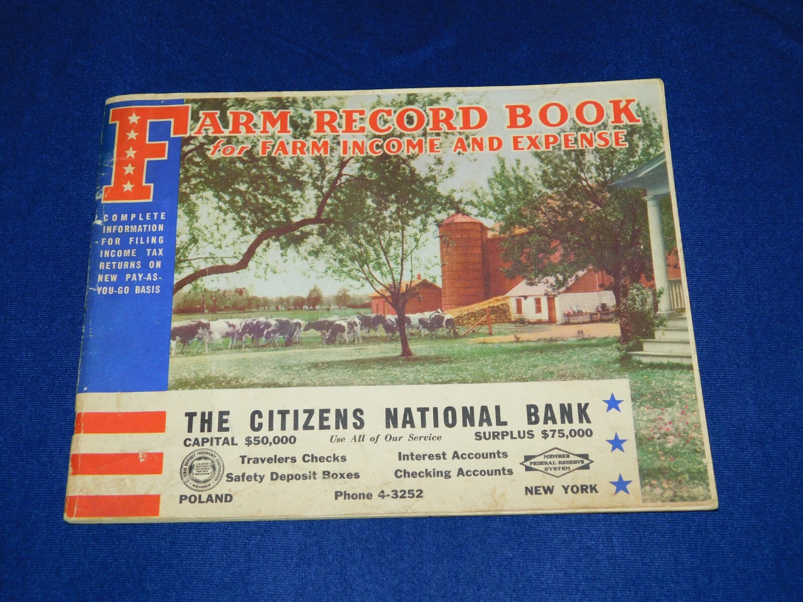 VINTAGE 1943 CITIZENS NATIONAL BANK FARM RECORD BOOK FOR INCOME & EXPENSE