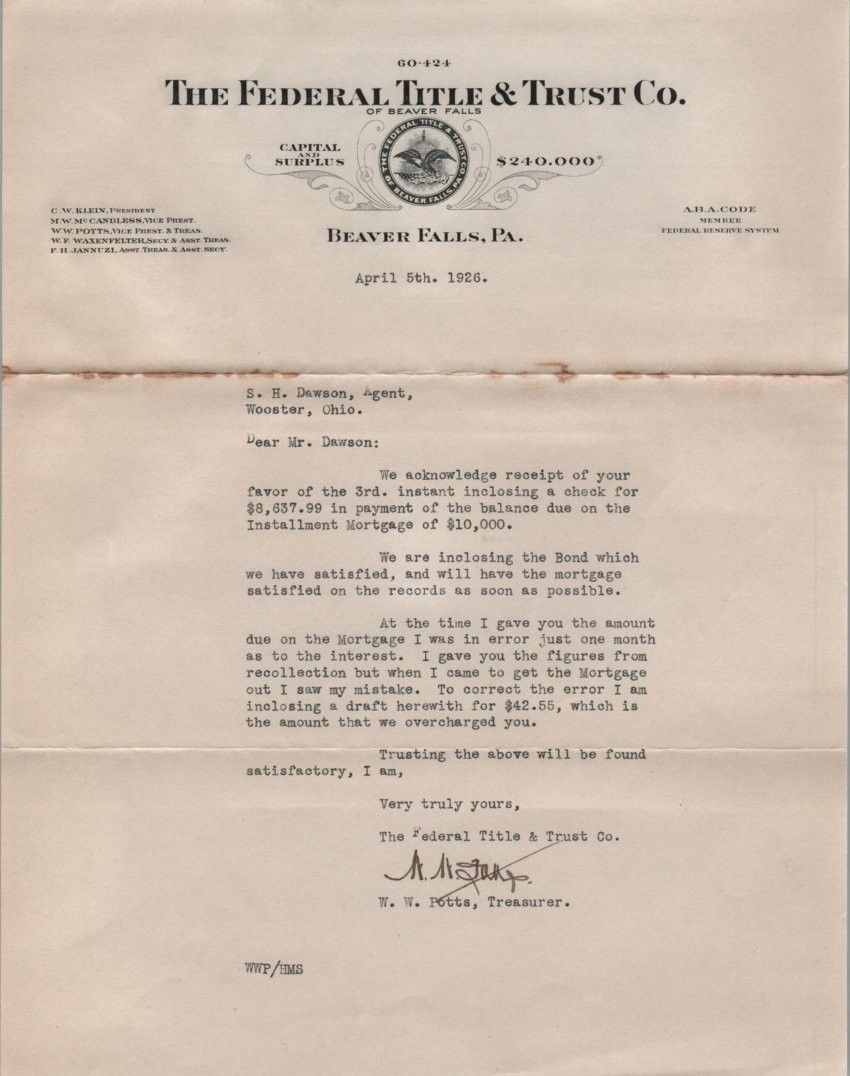 The Federal Title & Trust Company Beaver Falls Pa Letterhead 5 April 1926