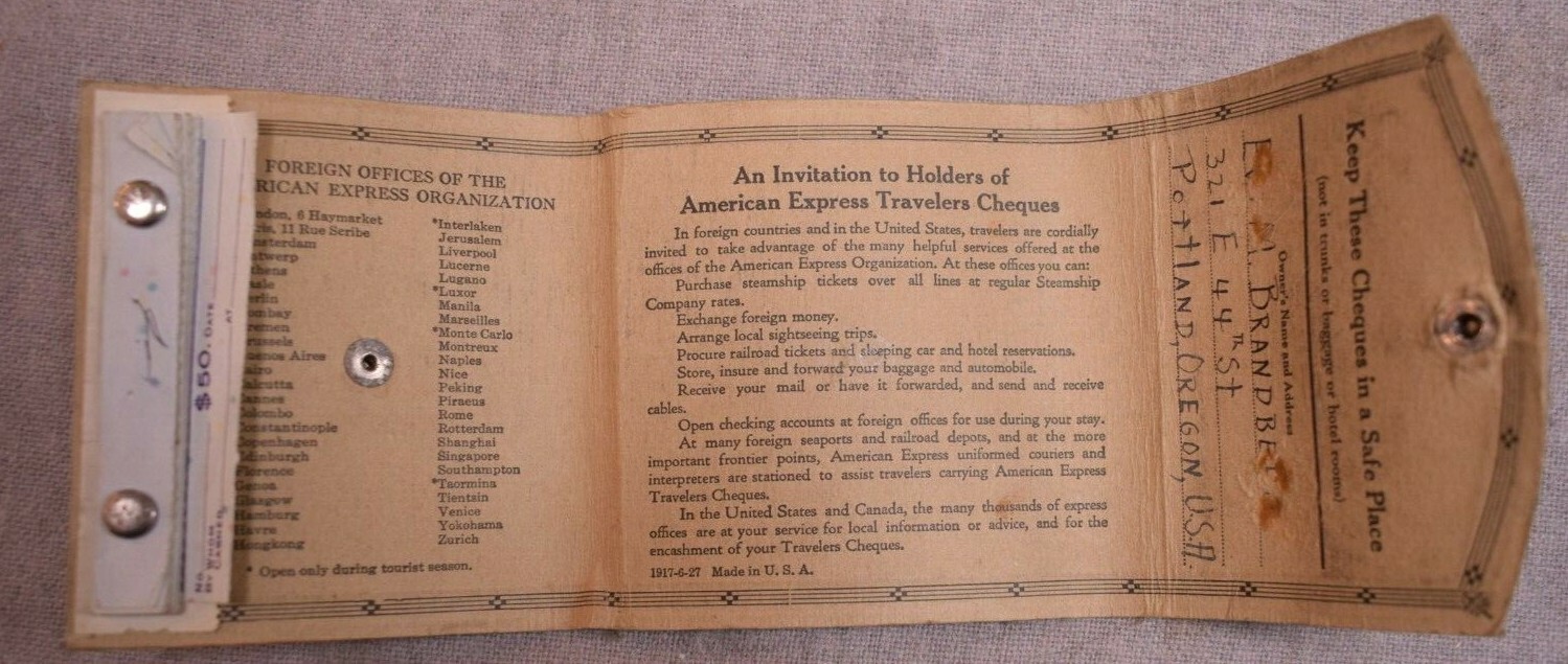 Vintage AMERICAN EXPRESS TRAVELERS CHEQUES Black Wallet 1917-6-27