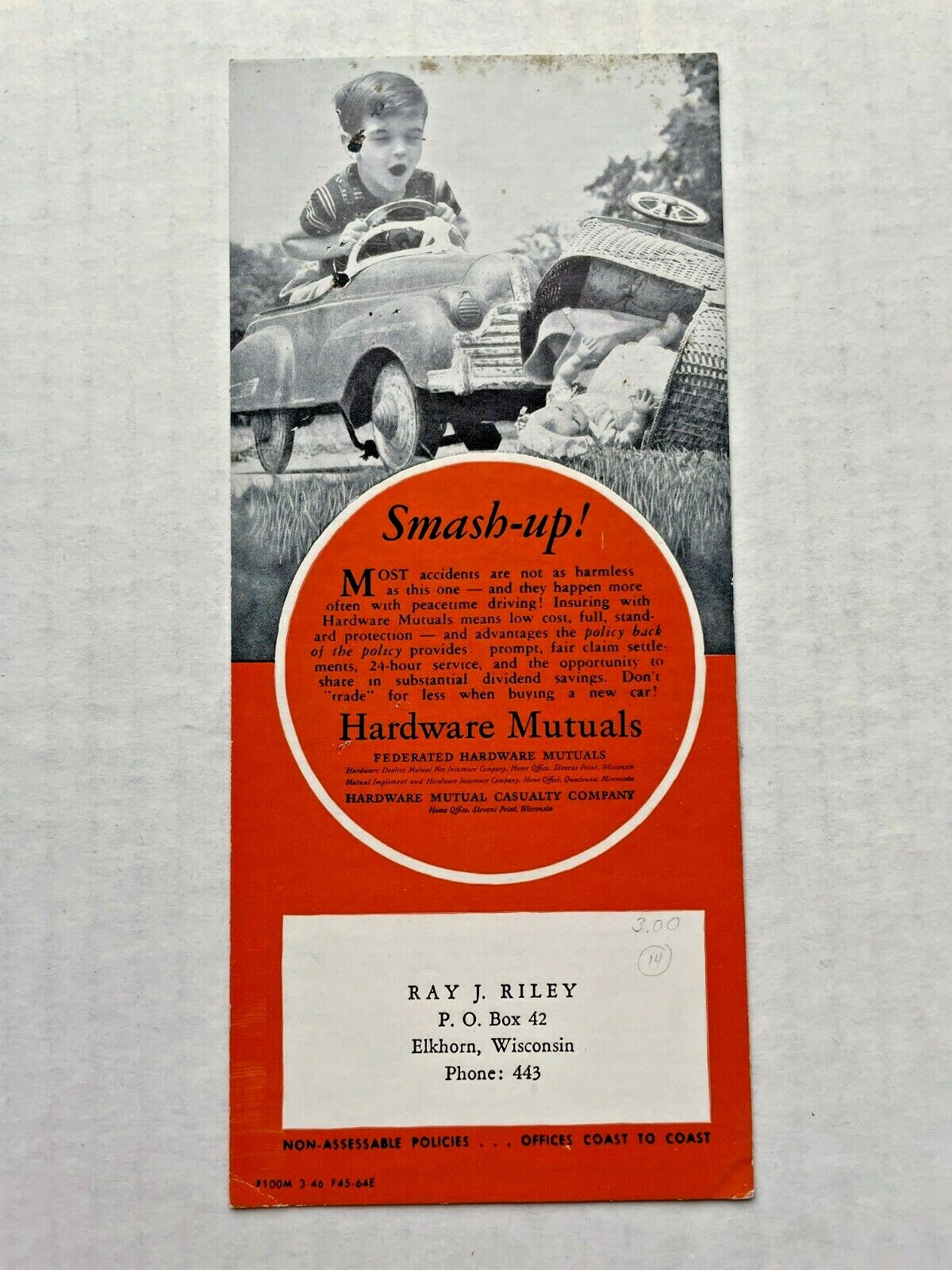 1946 Hardware Mutual Insurance Company Advertising Blotter- w/ Kid Crashing