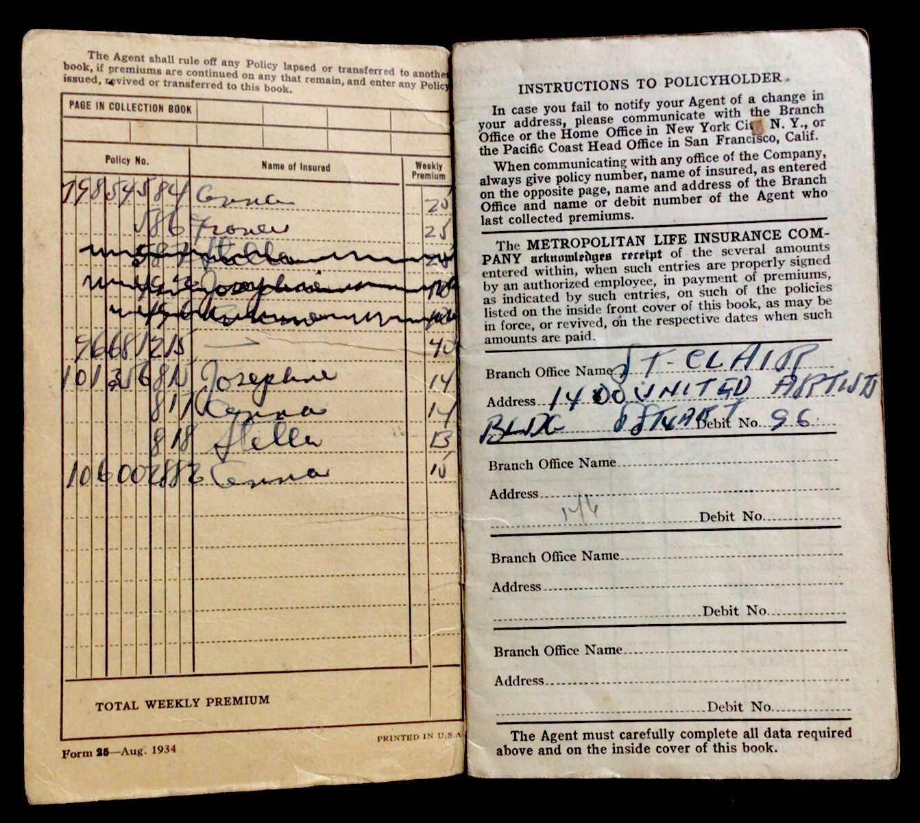 1934 weekley premium receipt book Metropolitan Life Insurance co