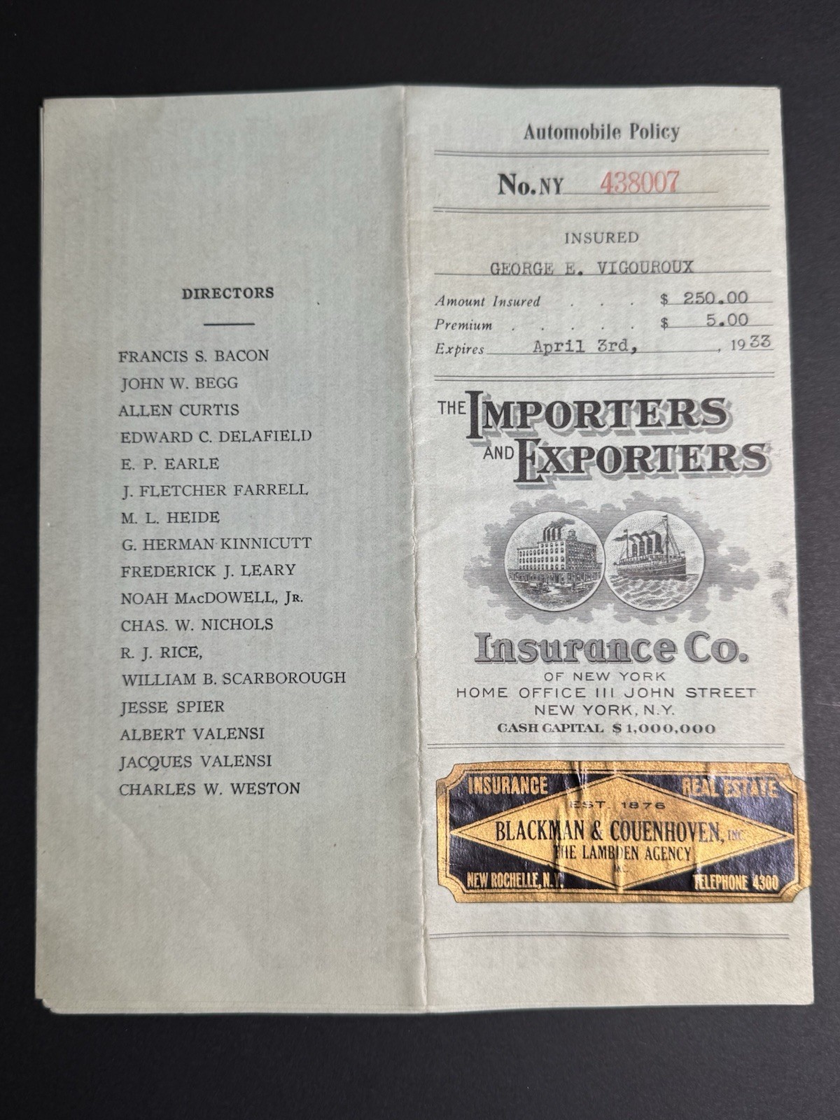 1933 Ford Tudor NY Car Insurance Policy – Importers & Exporters Insurance Co.