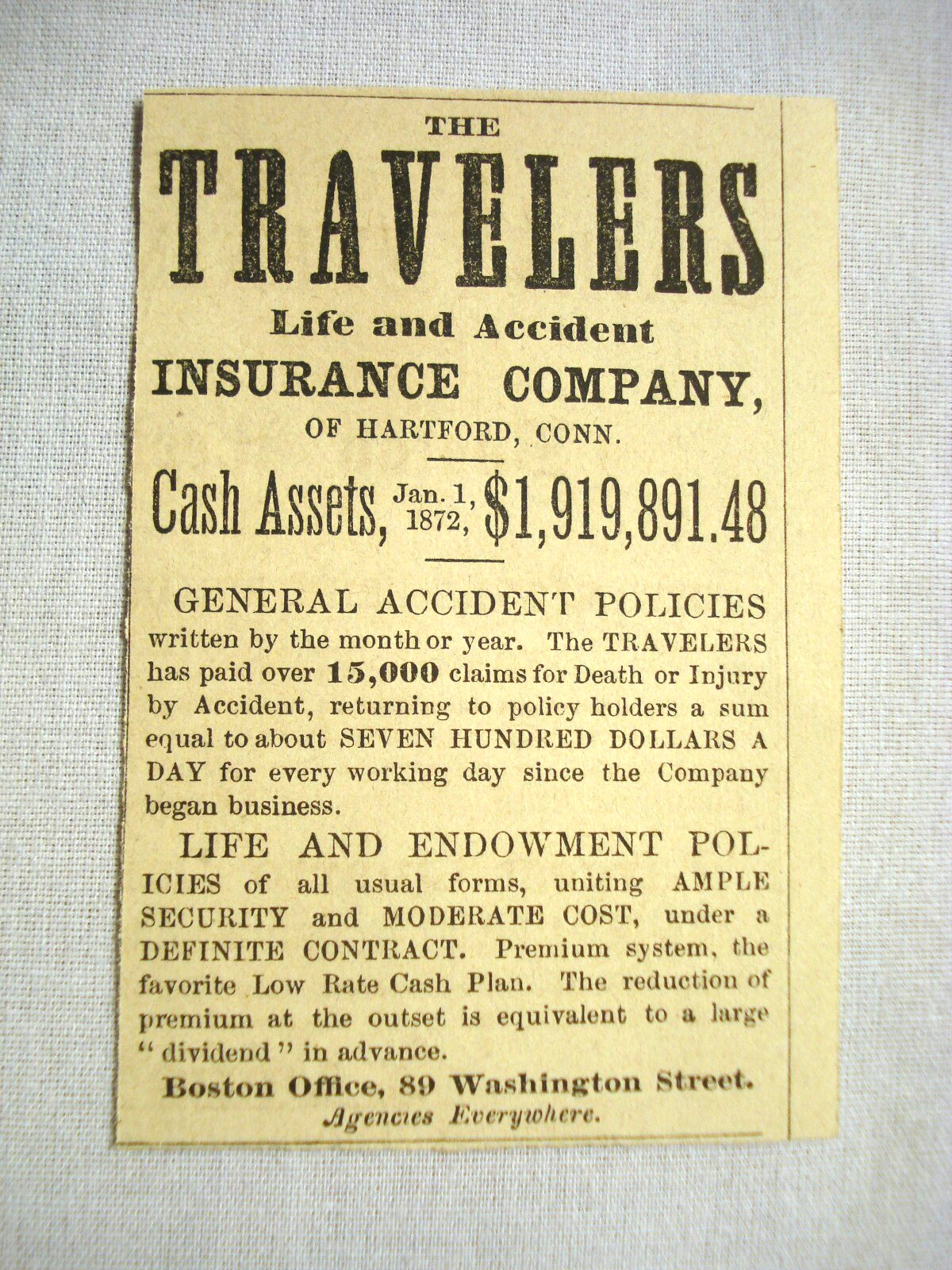 1872 Ad The Travelers Life and Accident Insurance Company, Hartford, Ct.-Boston
