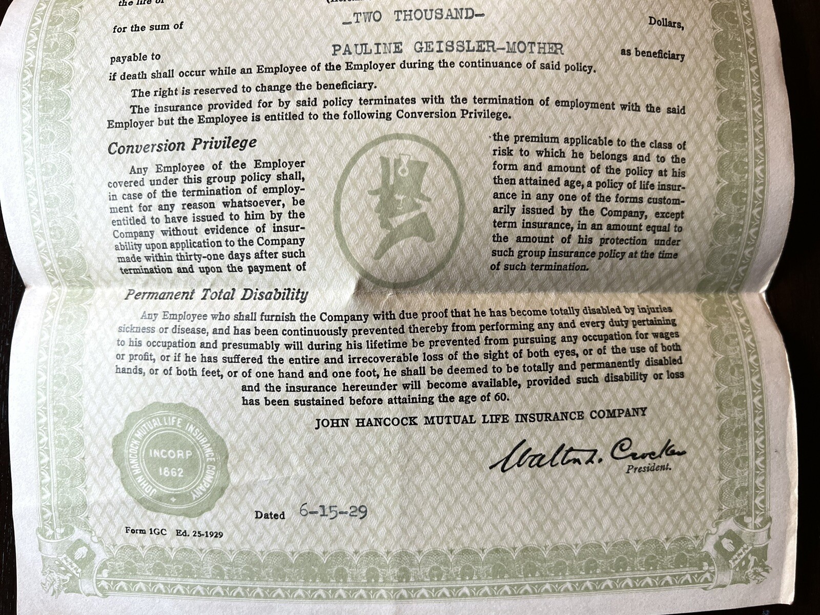 1929 JOHN HANCOCK LIFE INSURANCE POLICY CERTIFICATE MURRAY CORPORATION $2,000