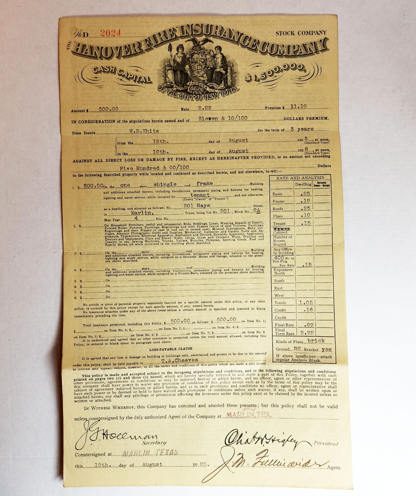 1928 Hanover Insurance Texas Standard Fire Policy ~ Tenant House White / Colored