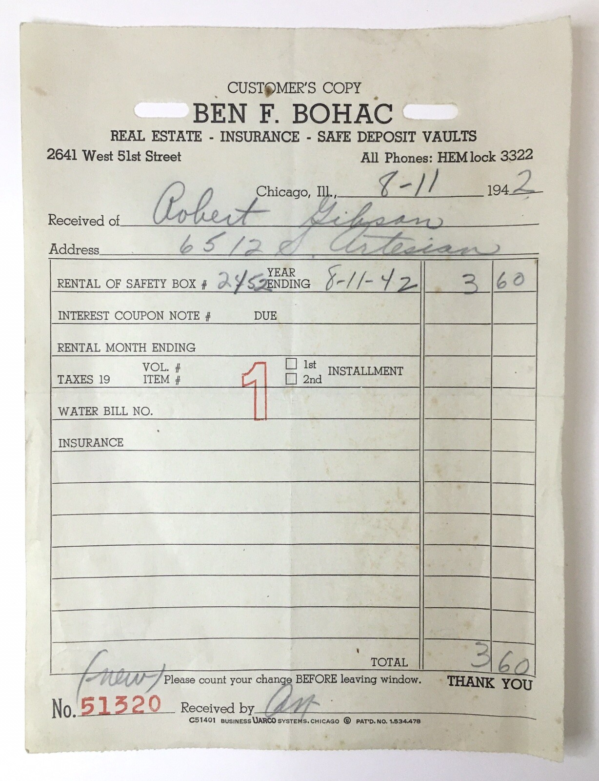 Ben Bohac Real Estate Insurance Safe Deposit Vault Sales Document 1942 Chicago