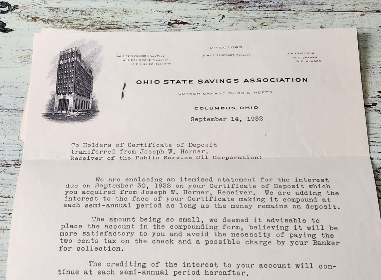 1932 Ohio State Savings Assoc. Letter & Deposit Stub – Depression Era Oil Tie