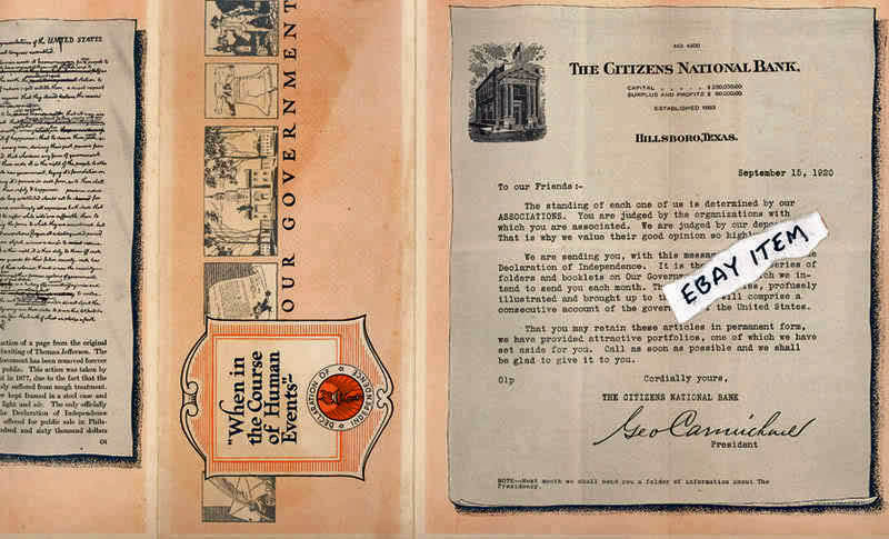 1920 brochure CITIZENS NATIONAL BANK Hillsboro Texas GEORGE CARMICHAEL governmen
