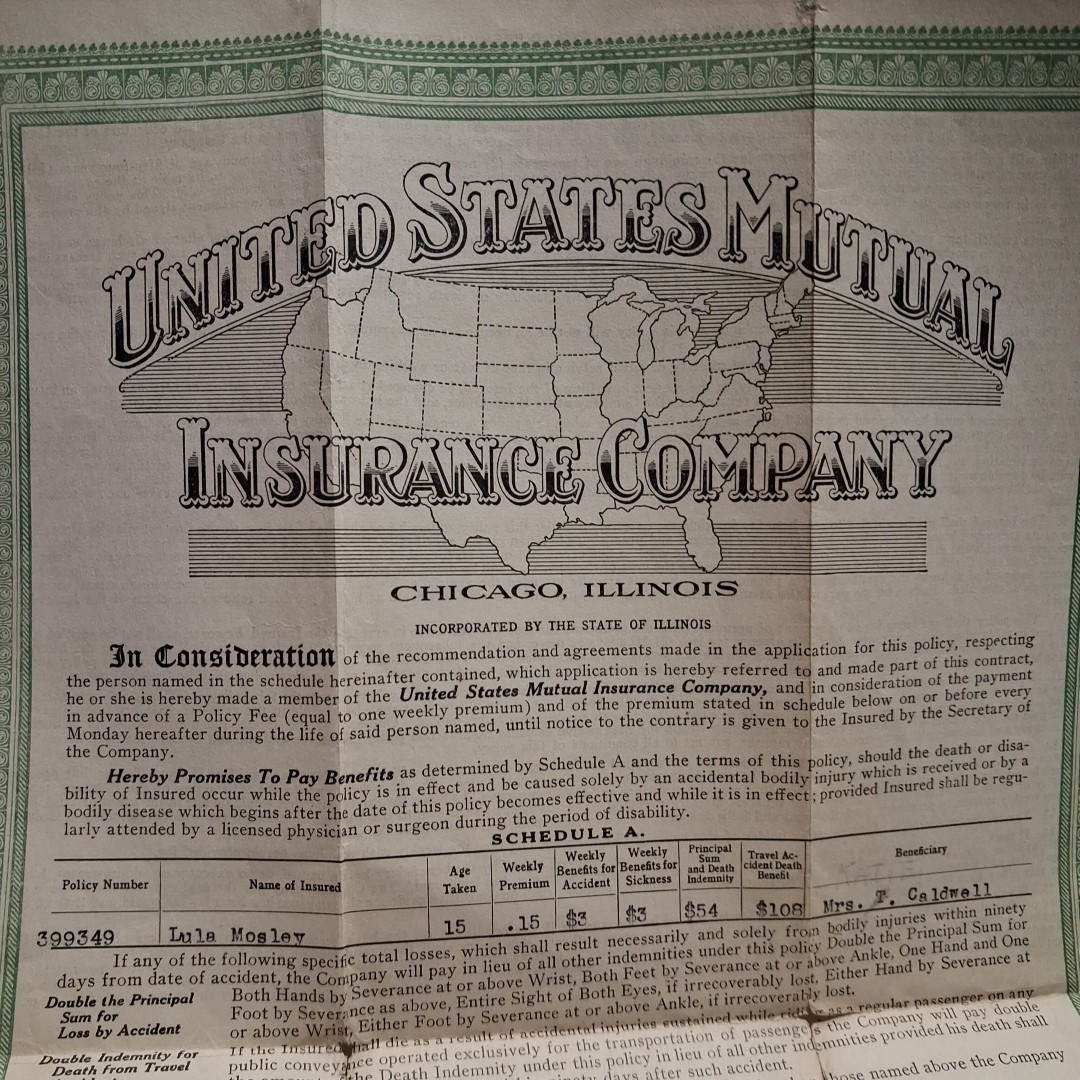 1929 United States Mutual Insurance Weekly Policy Chicago Illinois Vintage