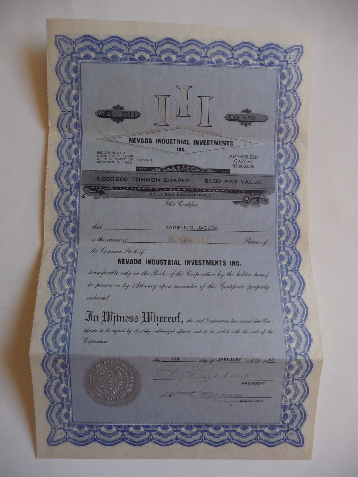 VINTAGE 1963 NEVADA INDUSTRIAL INVESTMENTS INC. CERTIFICATE OF THE COMMON STOCK