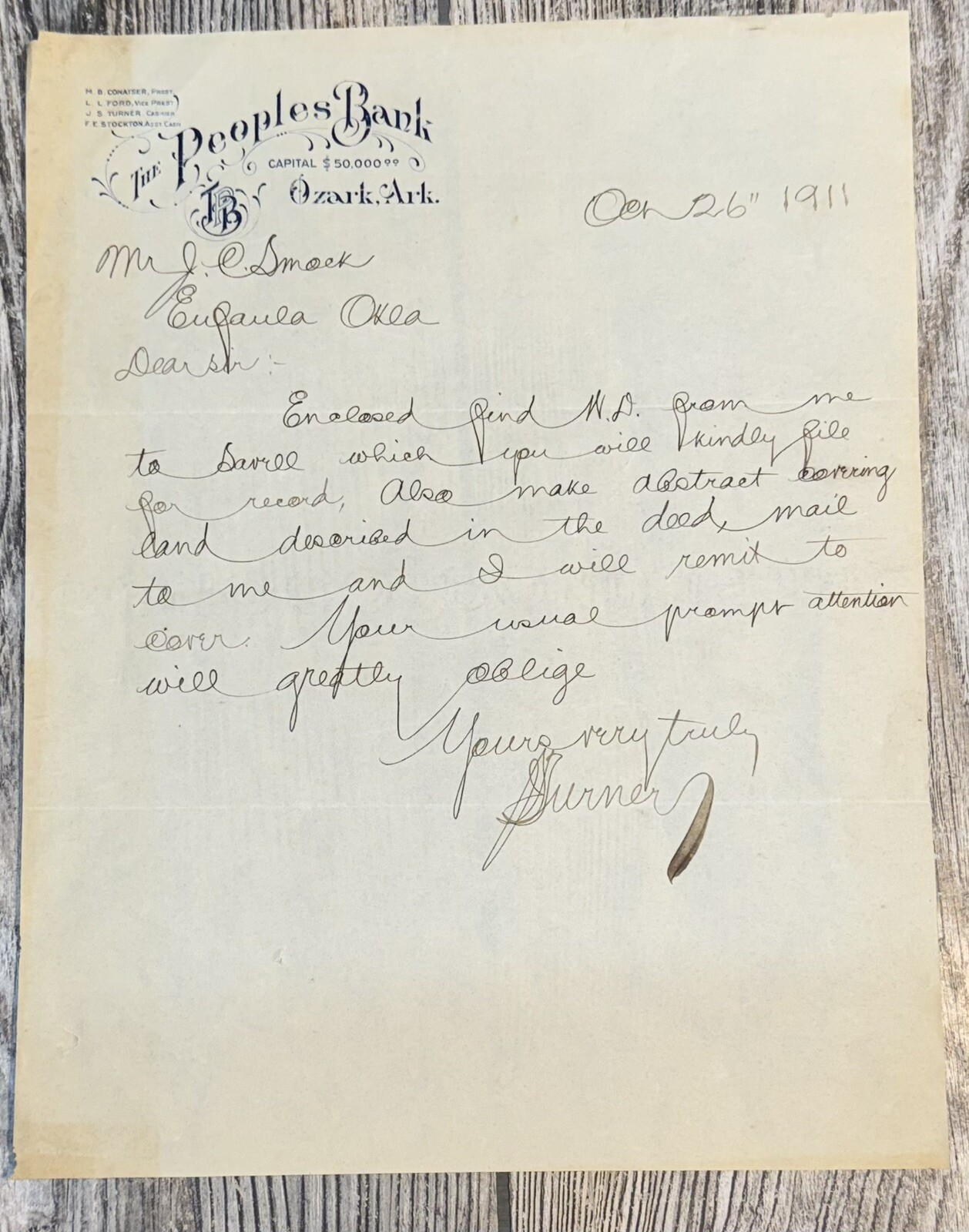 Vintage Letter The Peoples Bank Ozark Arkansas 1911