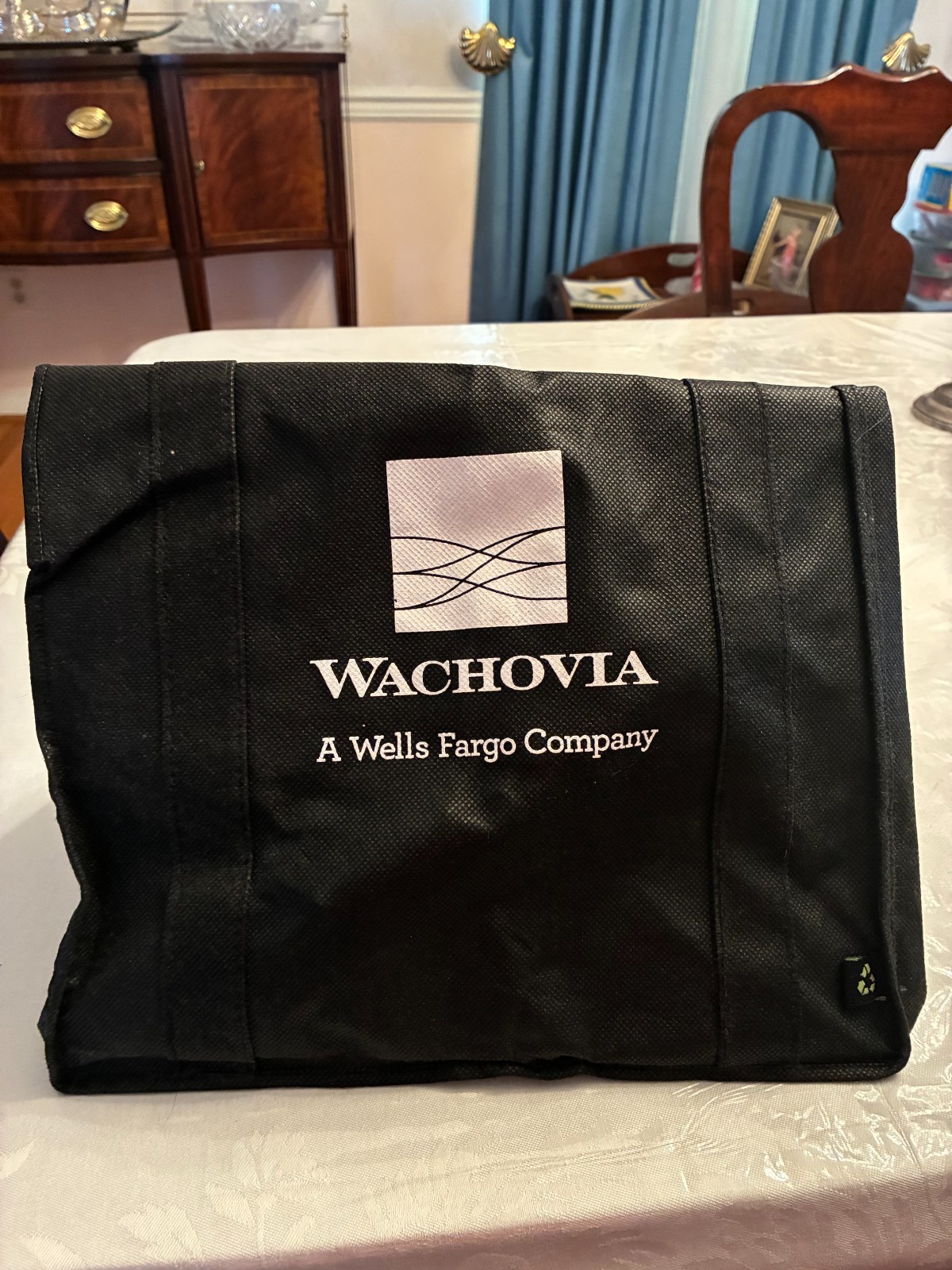 Vintage Wachovia Bank A Wells Fargo Company Folding Shopping Bag Black & White