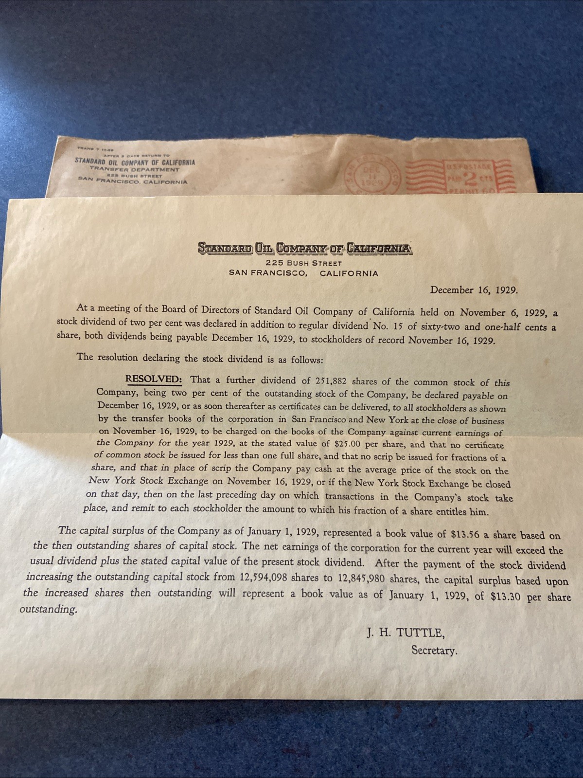 1929 Standard Oil of California Stock Dividend Letter Wall Street Crash Era