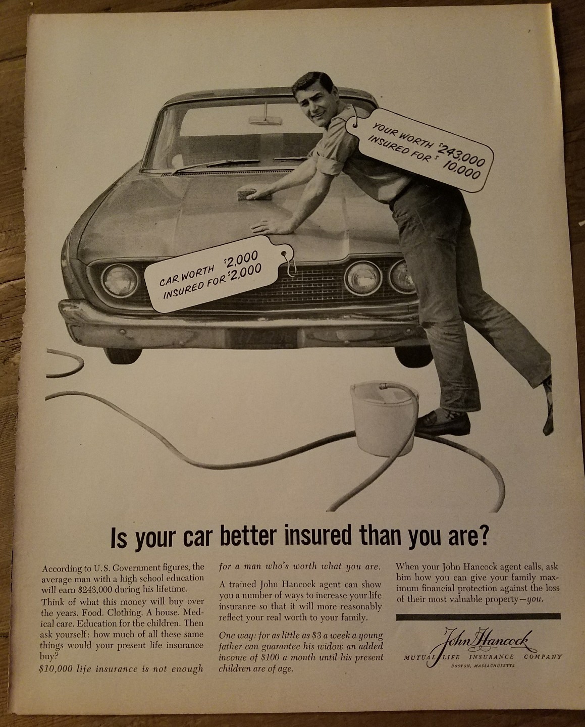 1964 John Hancock insurance washing car sponge hose bucket ad