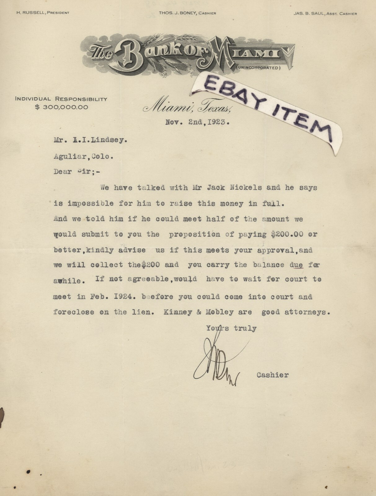 1923 letterhead BANK of MIAMI Texas H. RUSSEL THOMAS BONEY JAMES B. SAUL letter