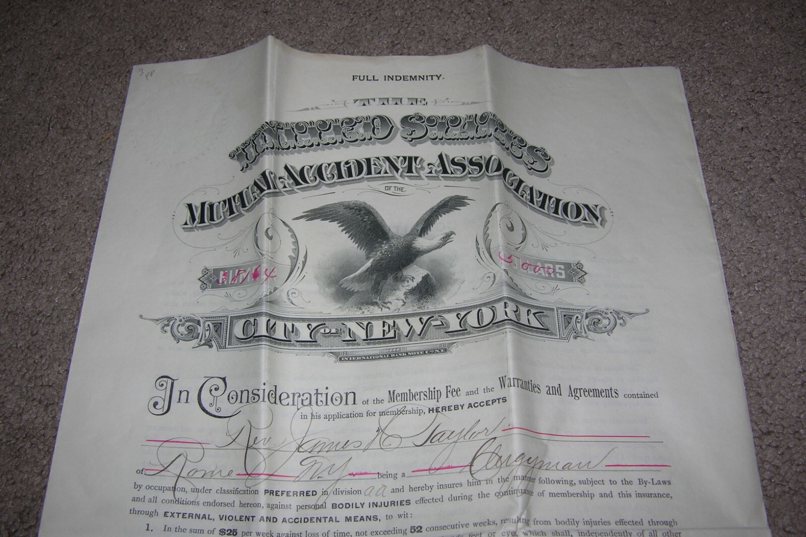 1891 Insurance Policy United States Mutual Accident Assoc. James Taylor-Clergy