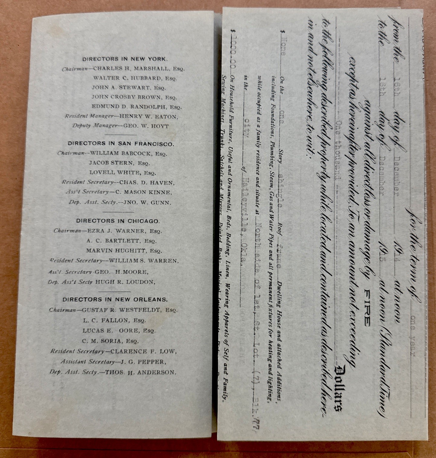 1914 The Liverpool & London & Globe Of England Dwelling House Insurance policy