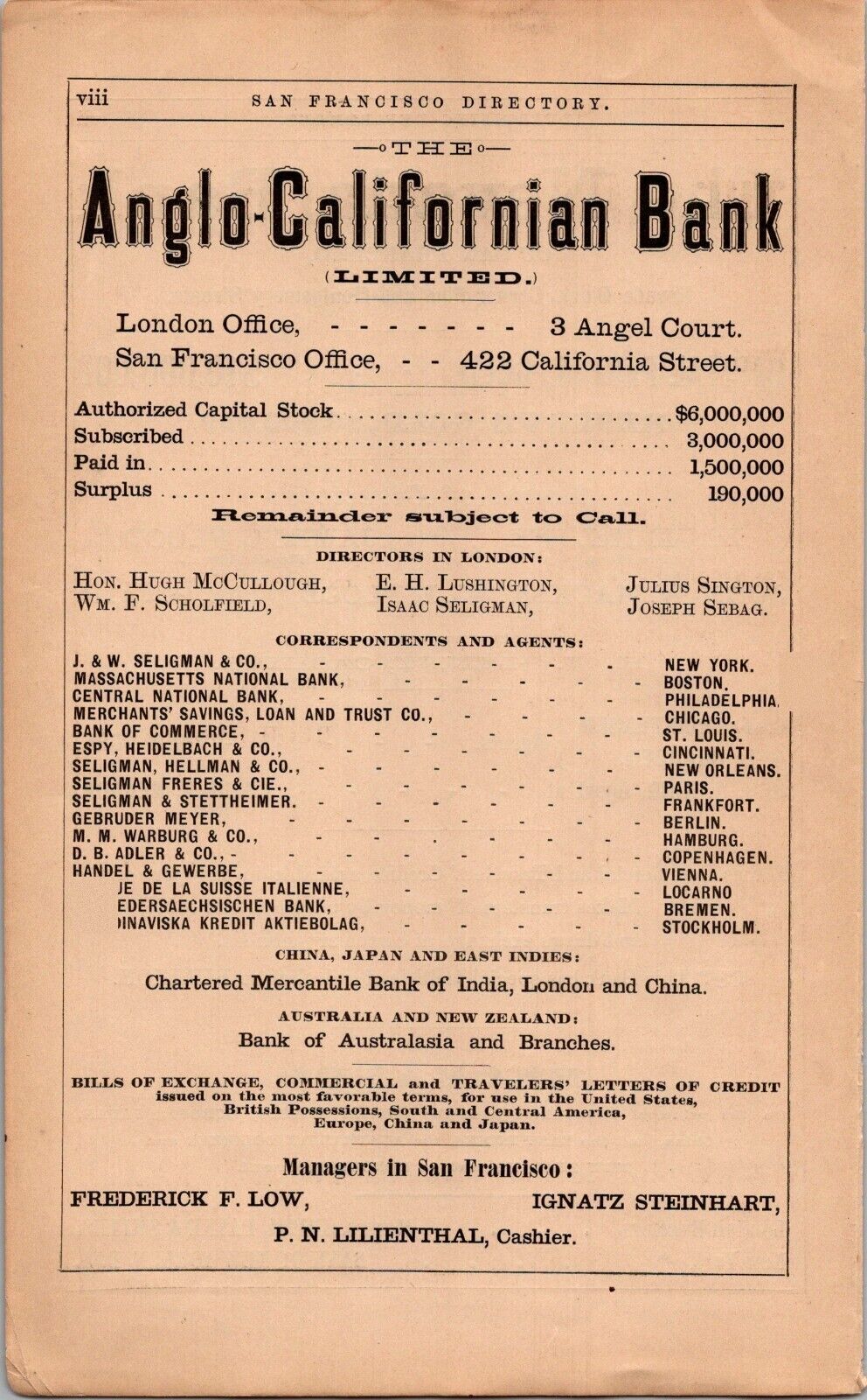 1879 Anglo-Californian Bank LONDON SANFRANCISCO P.N. Lilienthal Cashier