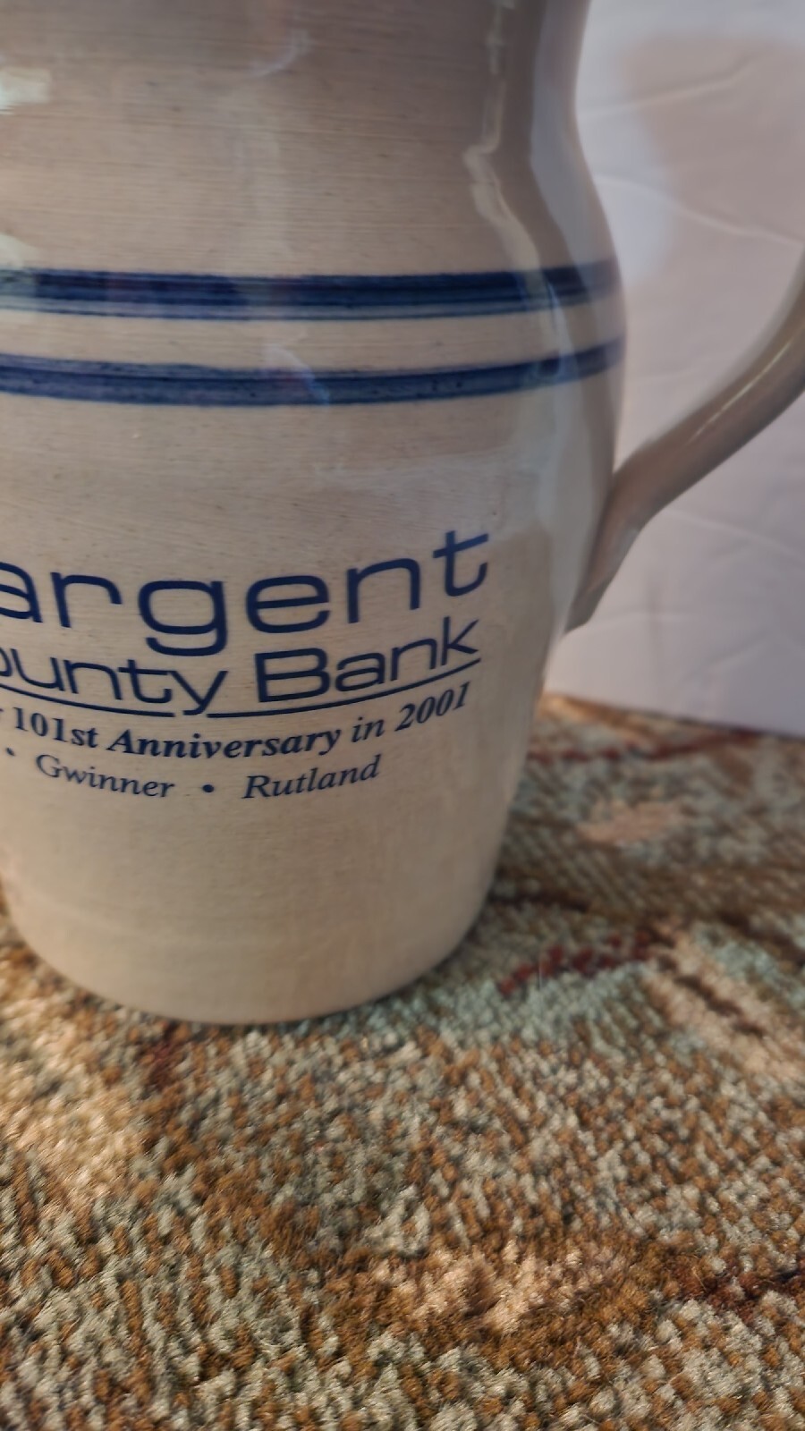 2001 Sargent County Bank Celebrating 101st Anniversary Stoneware Pitcher!
