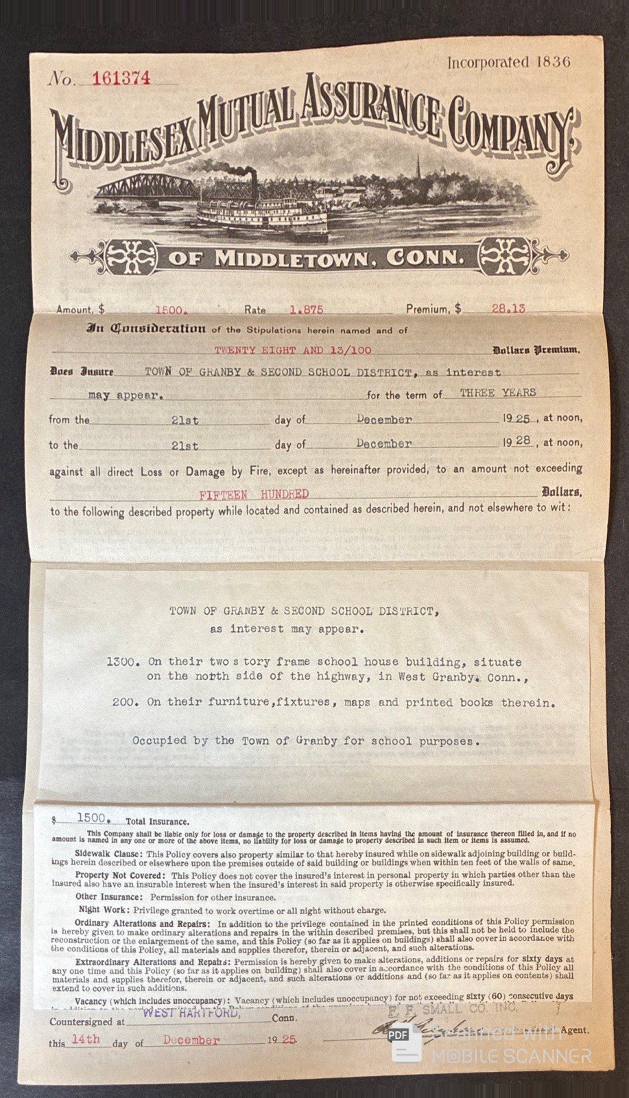 MIDDLETOWN, CT ~ MIDDLESEX MUTUAL ASSURANCE CO. POLICY Illustrated, 1925-1928