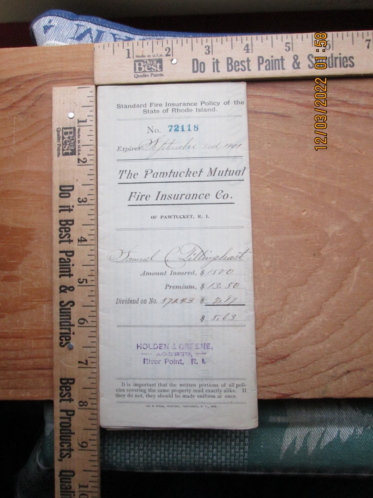 POWTUCKET mutual fire insurance co POWTUCKET Rhode Island policy 1901
