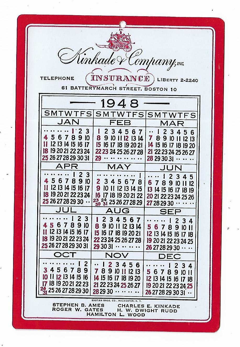 1948 Advertising Premium Calendar Kinkade Company INSURANCE Boston Ames Gates