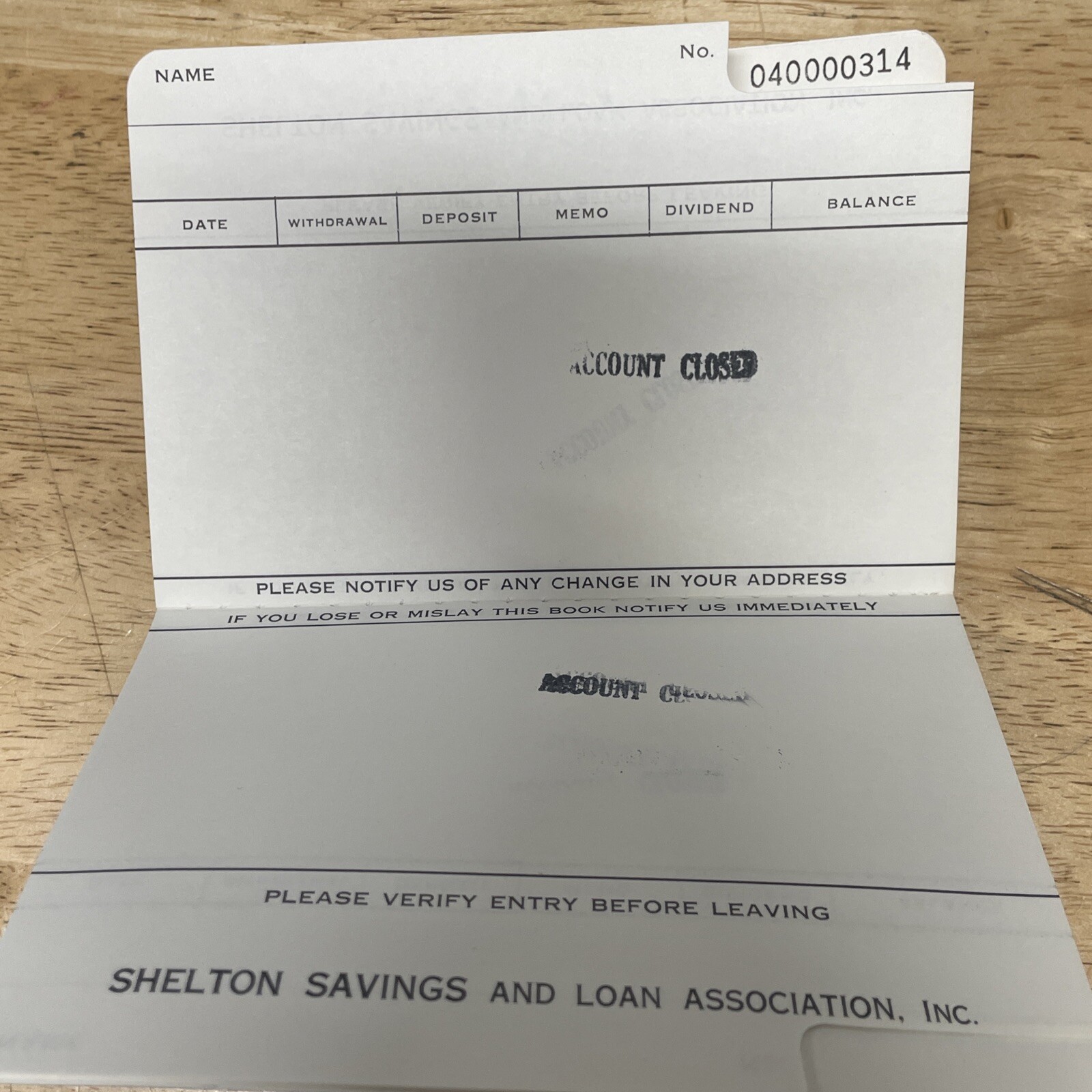 VINTAGE 1986 SHELTON SAVINGS & LOAN ASSOCIATION SAVINGS ACCOUNT BOOK