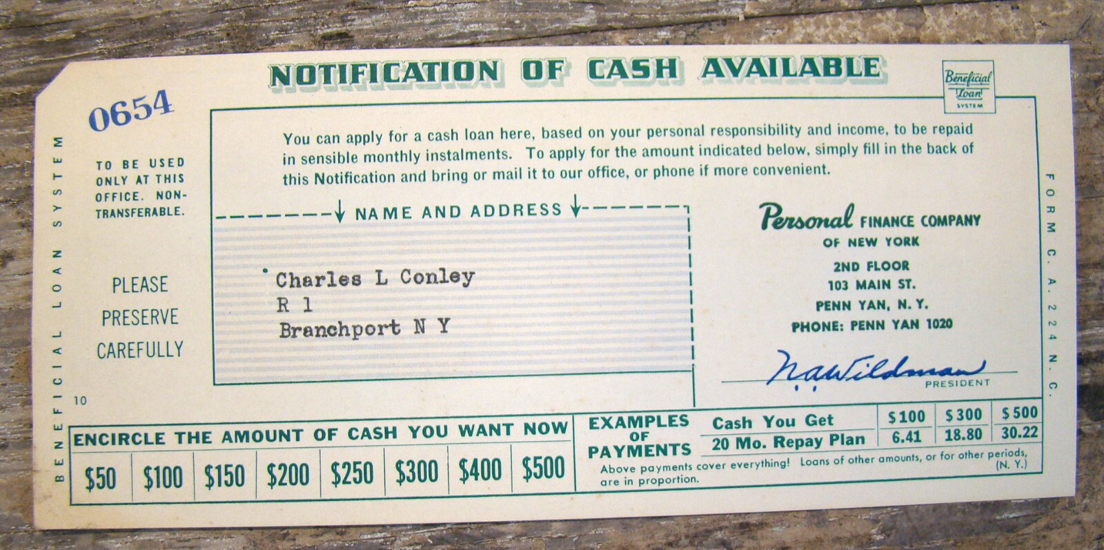 Personal Finance Company ~Vintage Mail Notification~ Beneficial Loan System