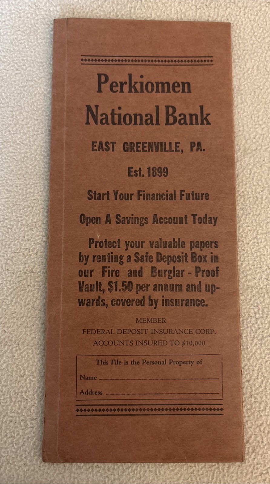 Vintage Perkiomen National Bank Envelope Document Holder East Greenville PA
