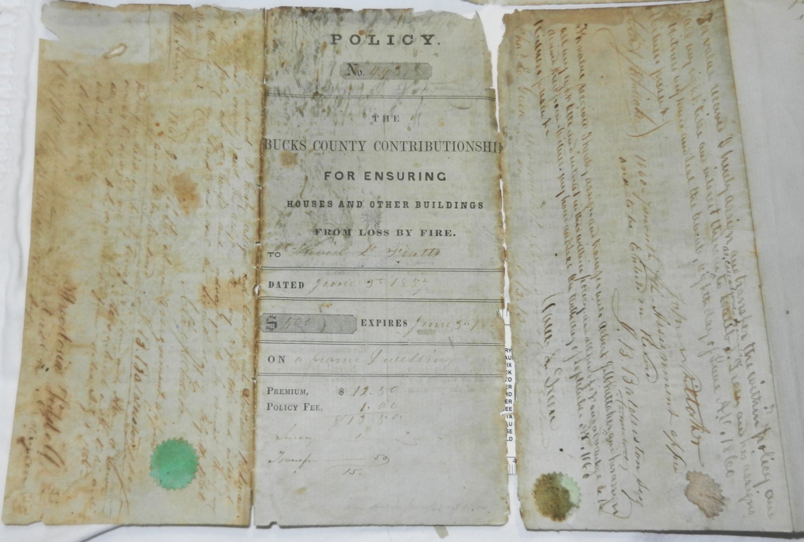 Antique Bucks County Contributionship Fire Insurance Policy issued 1857