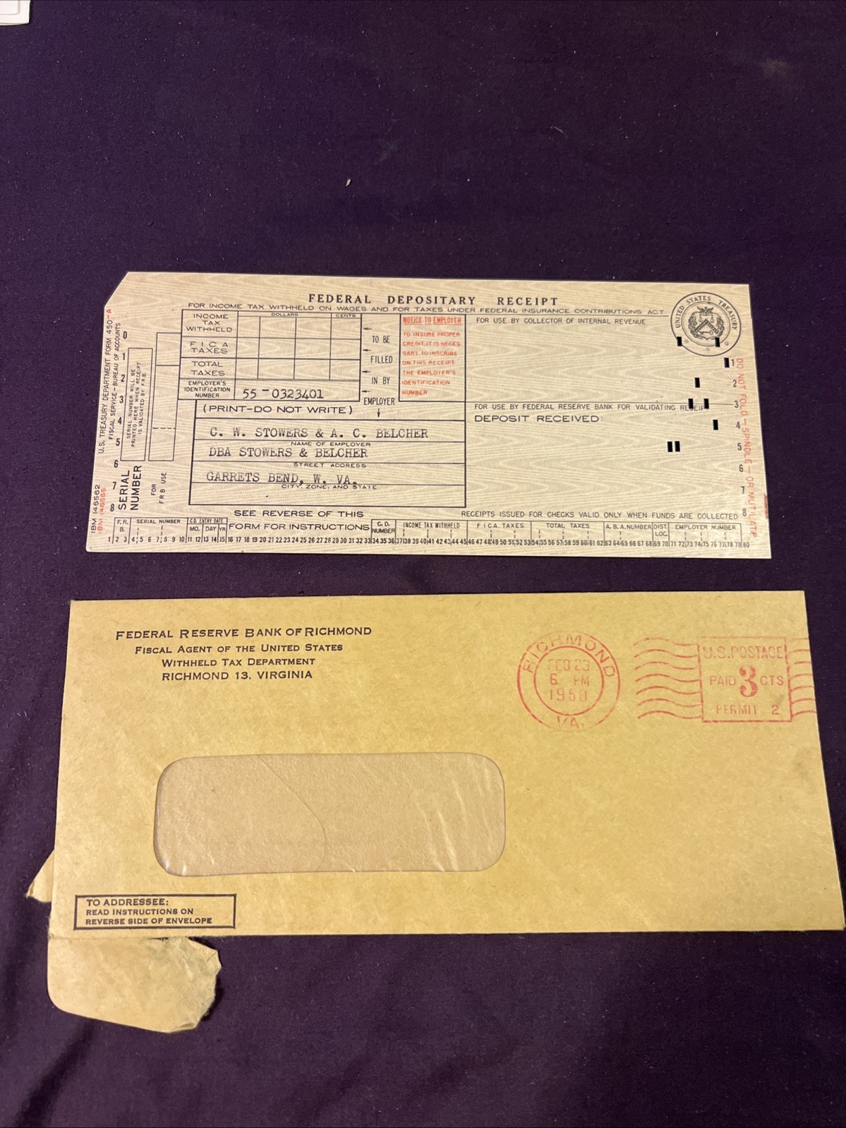 Employers Federal Depository Receipt February 1950 Richmond, Virginia