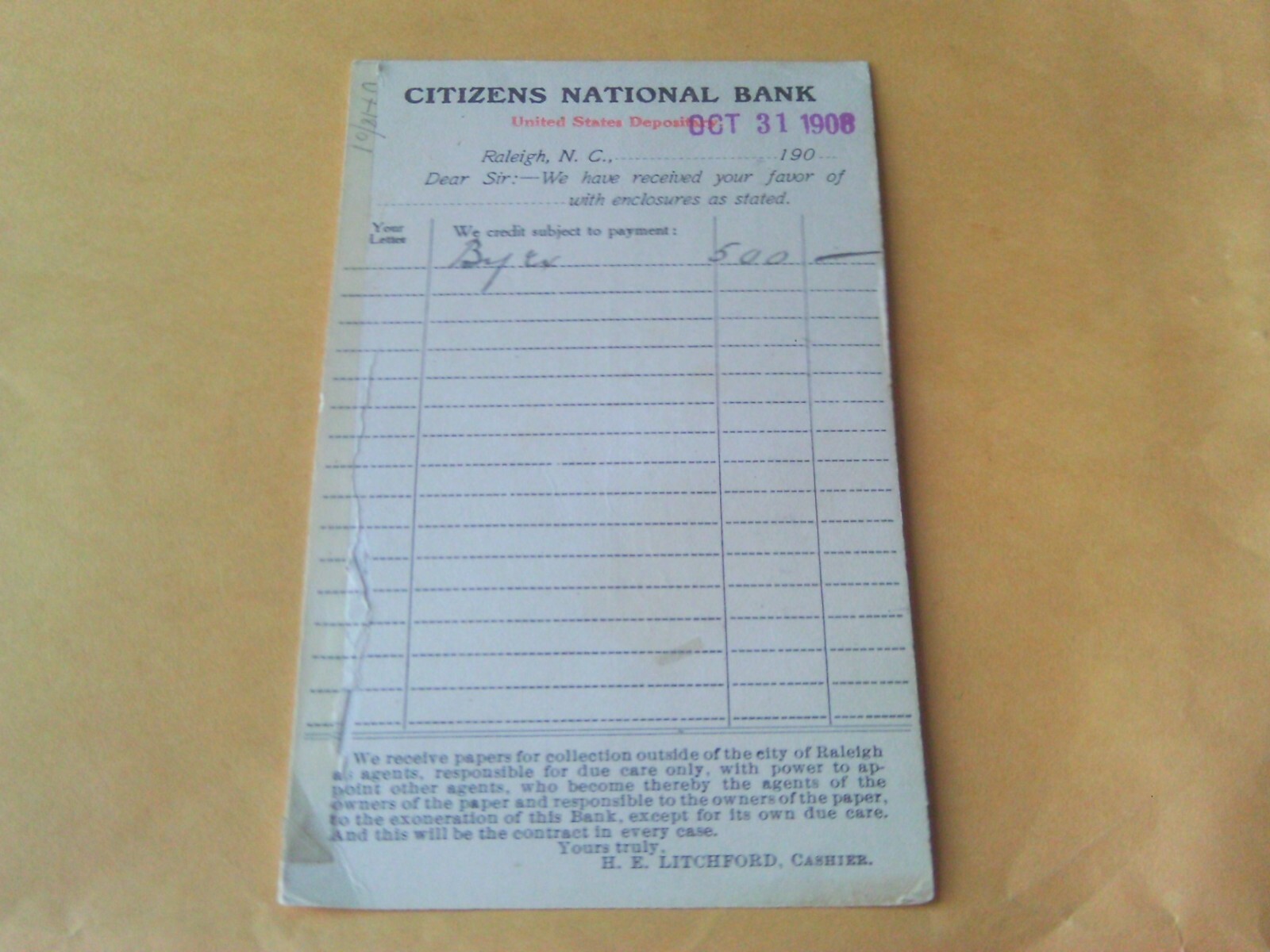 RARE 1908 POSTCARD NOTE CITIZENS NATIONAL BANK RALEIGH NORTH CAROLINA LITCHFORD