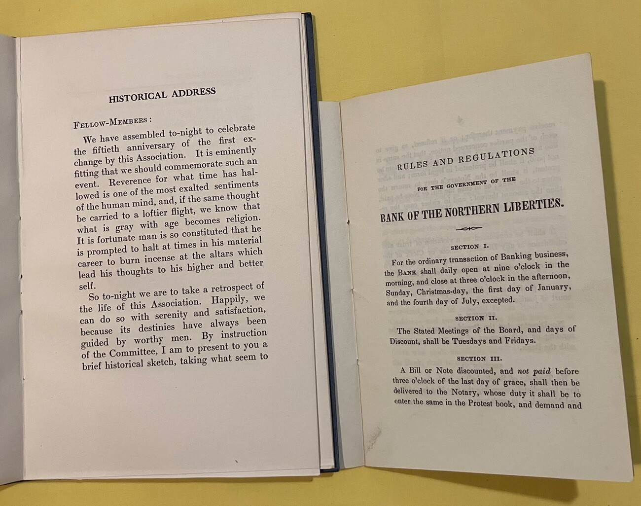NORTHERN LIBERTIES BANK RULES & REGULATIONS 1842/HISTORICAL ADDRESS-J.MOORE, JR.