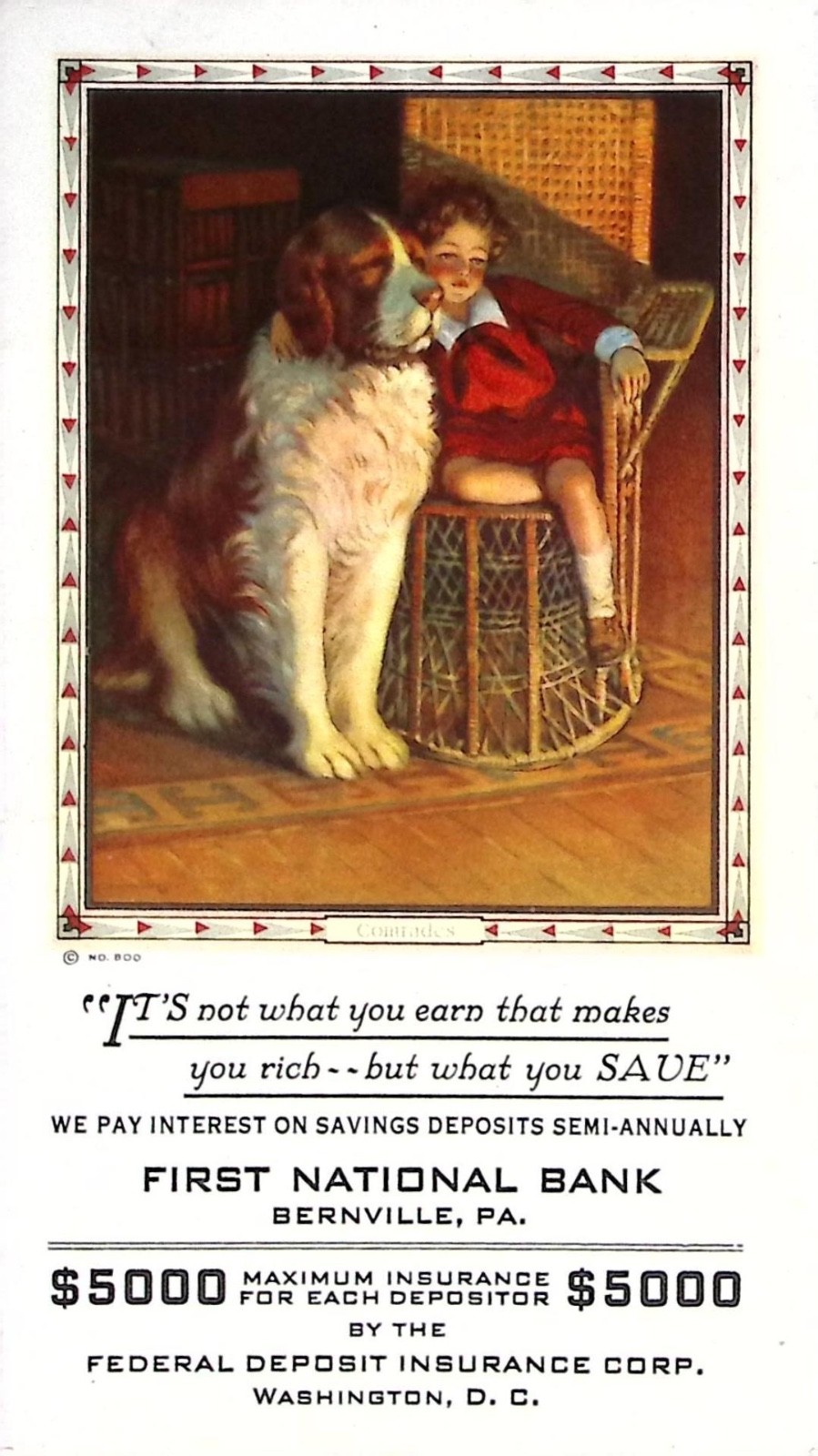 Vintage 1930s First National Bank Advertising Card Boy & Dog “Comrades” Art