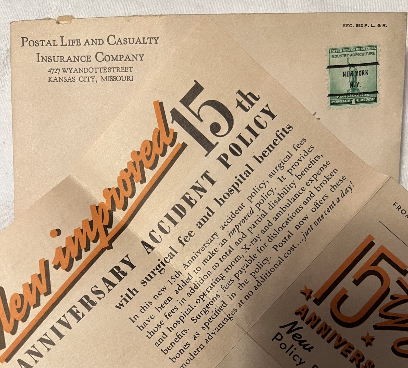 Vtg 1941 Postal Life Casualty Insurance Co Accident Policy Sales Letter 15th Anv