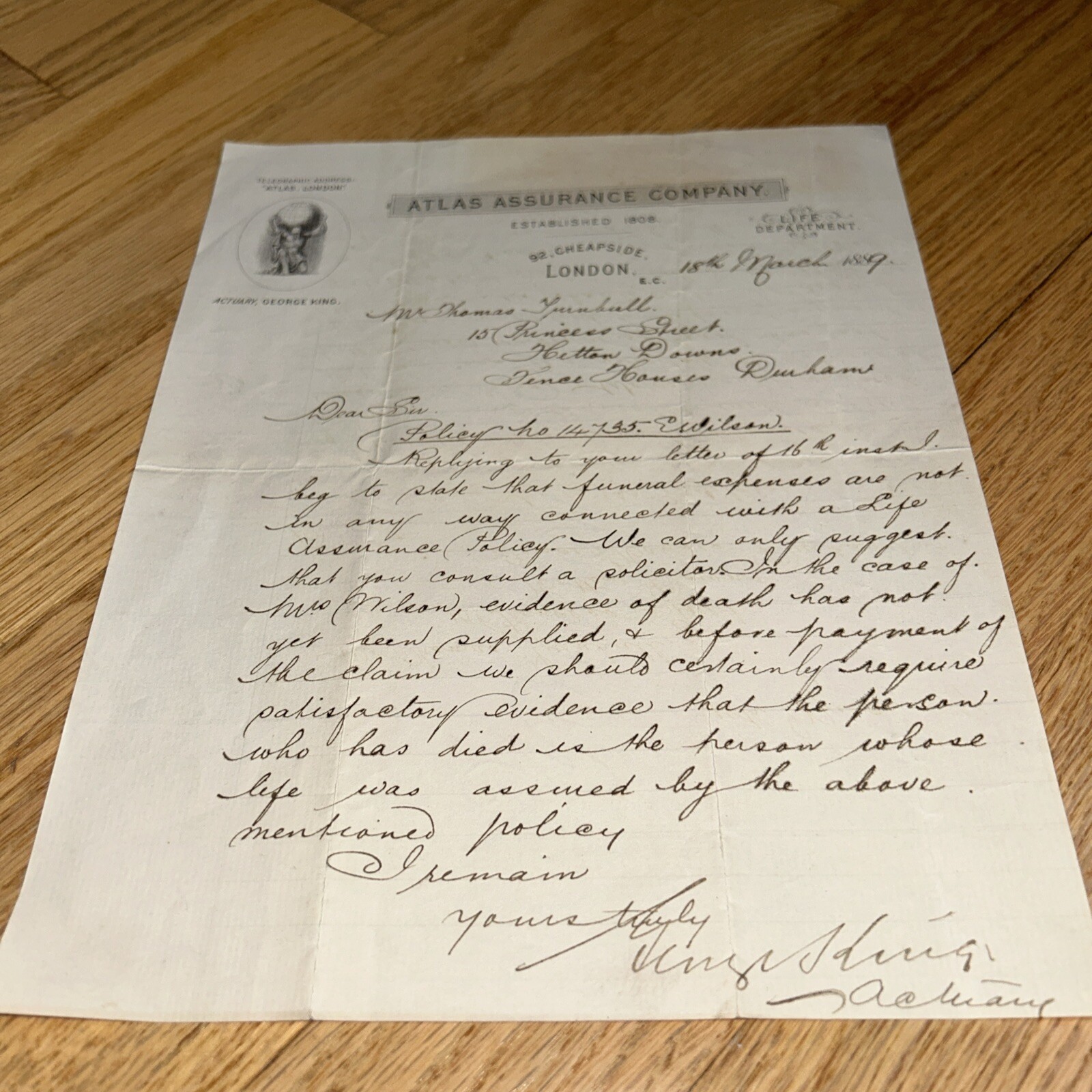 1889 ATLAS ASSURANCE COMPANY, 92 Cheapside LONDON Handwritten Letter