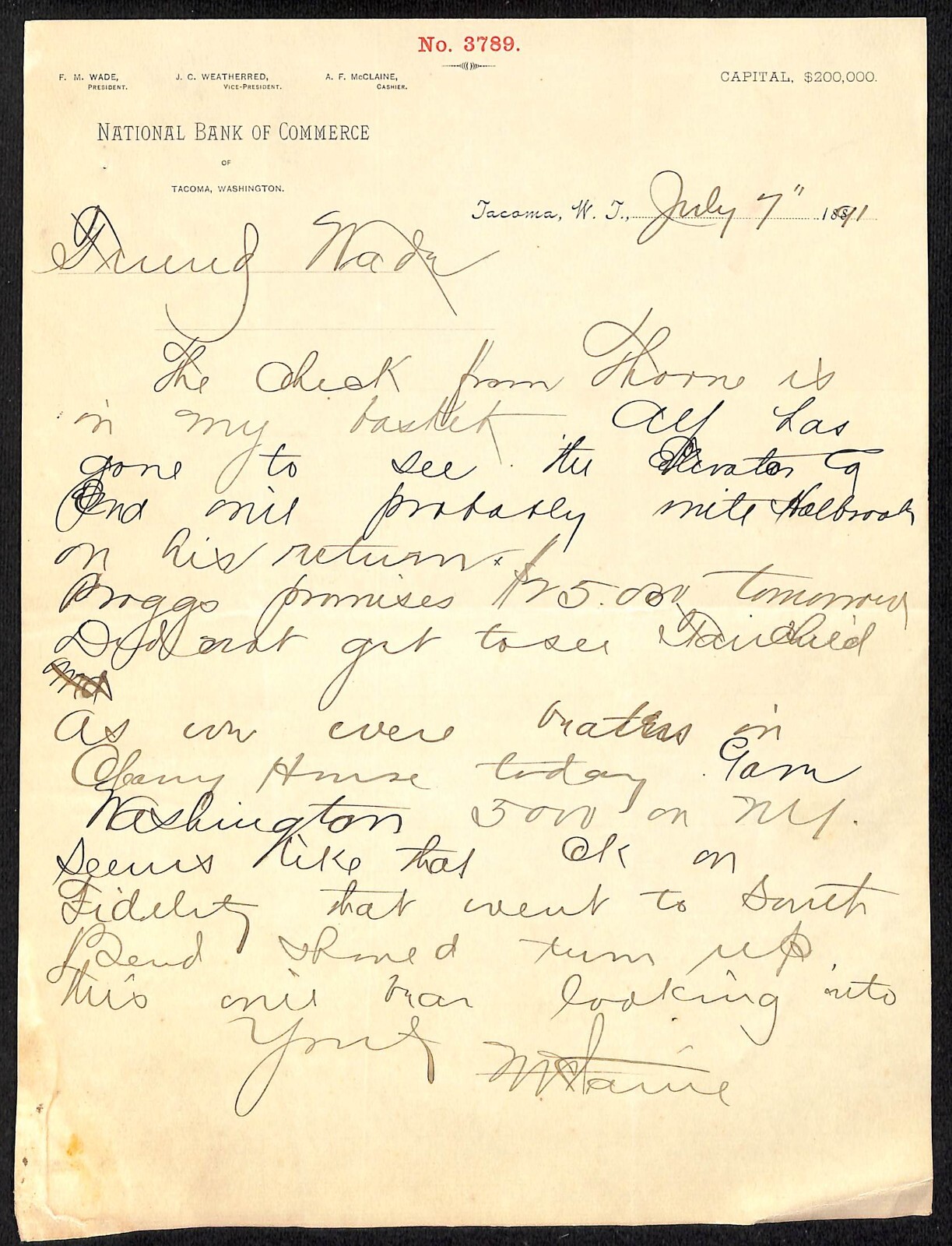 1891 National Bank of Commerce Tacoma, WA ALS Letterhead re: Check