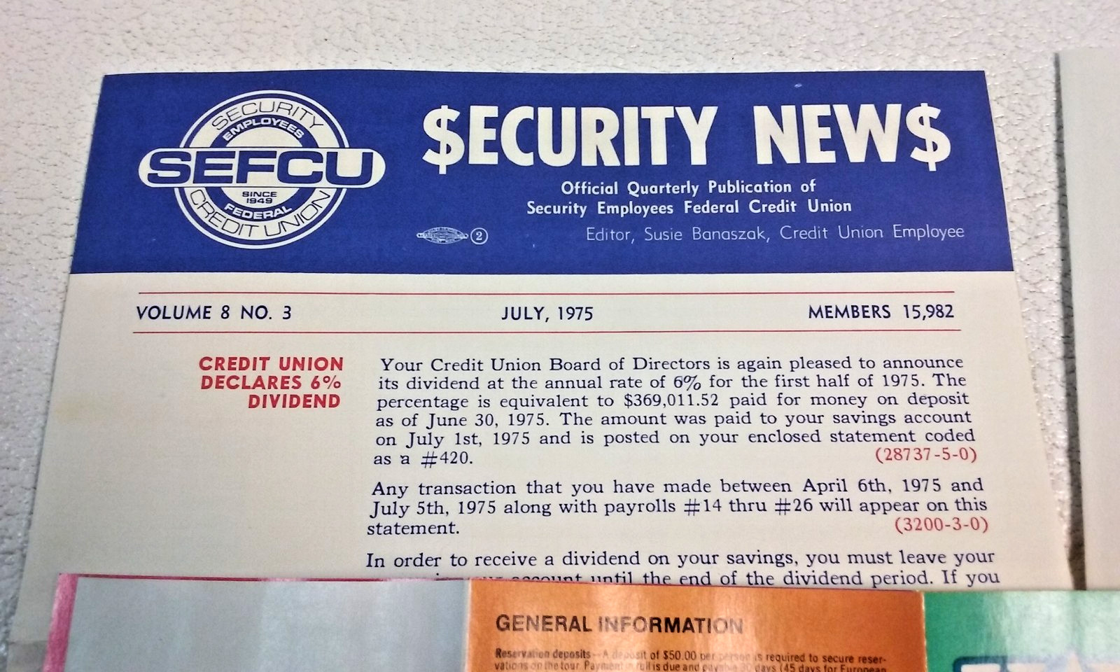 1975 Security Employees Credit Union Newsletter w Walt Disney World Brochure