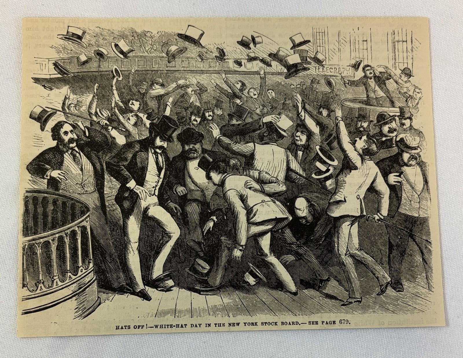 1882 magazine engraving ~ HATS OFF! WHITE-HAT DAY IN THE NEW YORK STOCK BOARD