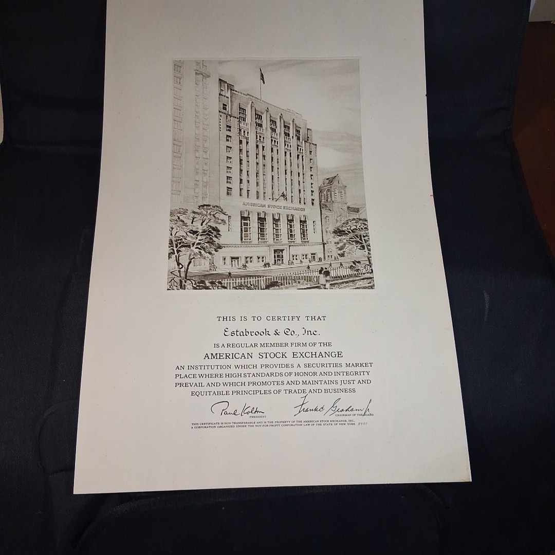Vintage New York Stock Exchange Member Certificate Estabrook & Co Inc