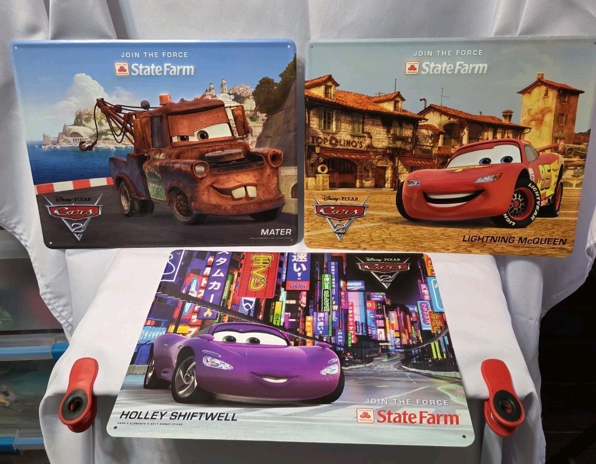 Disney Pixar 2011 State Farm 11×14 Cars 2 Join The Force Metal Signs – Lot of 3