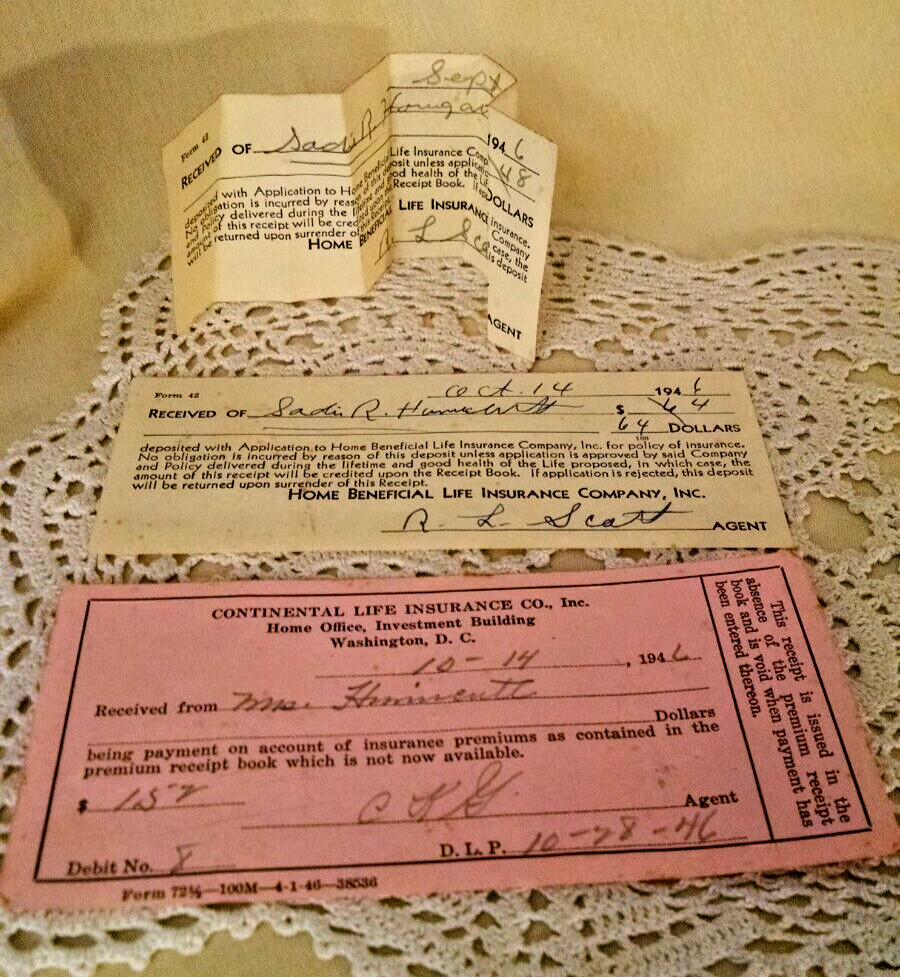 LIFE INSURANCE RECEIPT LOT 3 1946 HOME BENEFICIAL CONTINENTAL PINK YELLOW PAPER.
