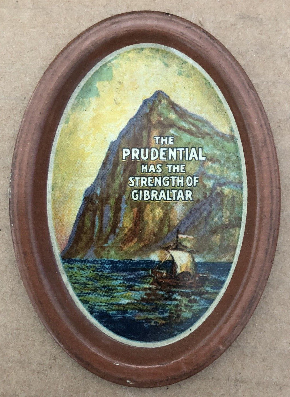 Vintage PRUDENTIAL Strength of Gibraltar Tin Litho Miniature Oval Tip Tray
