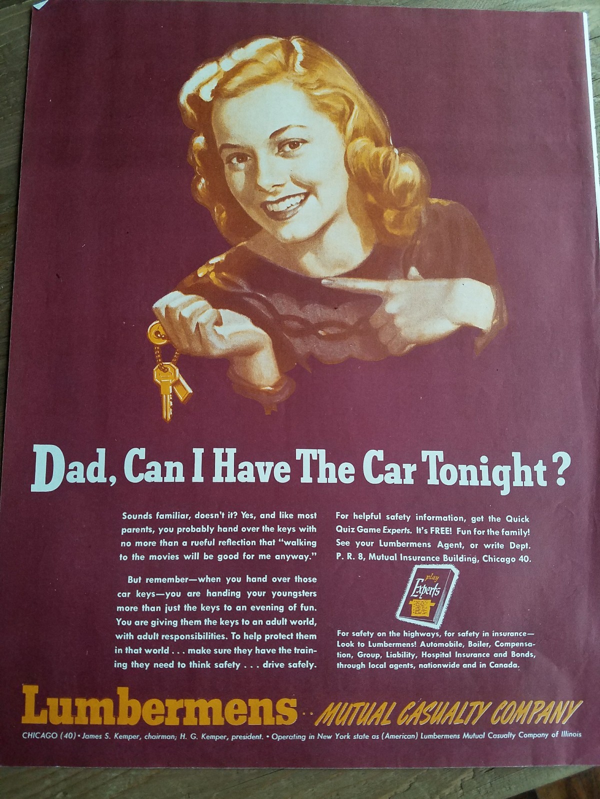 1950s Lumbermen’s Mutual Casualty Insurance Co redhead can I have car keys ad