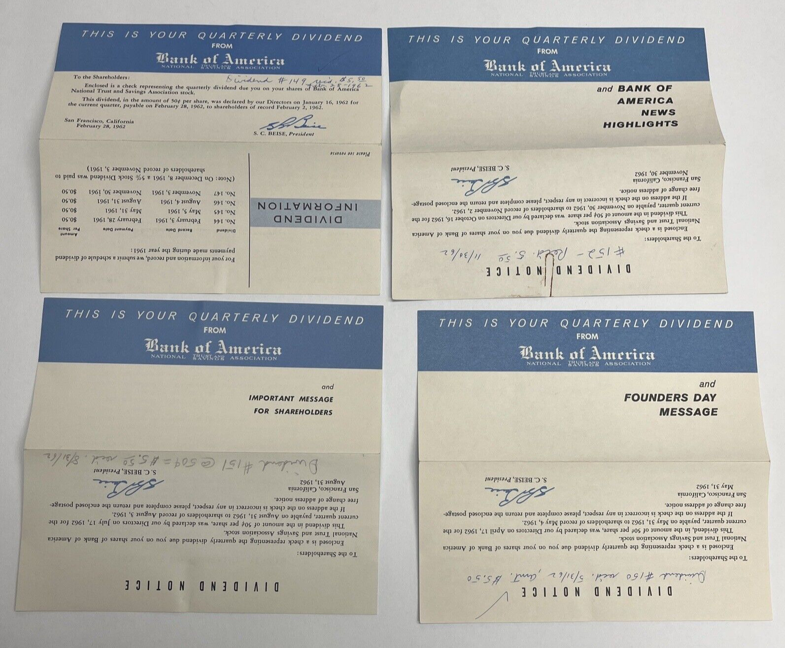 Lot 4 Bank of America Quarterly Dividend Statements 1962 Shareholder Message