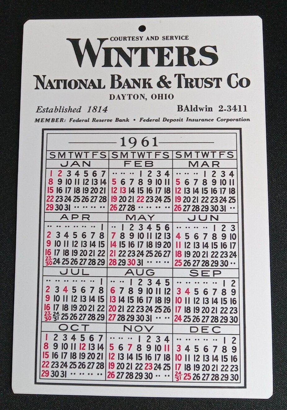 Dayton Ohio Winters National Bank Trust 1961 Hard Plastic Calendar