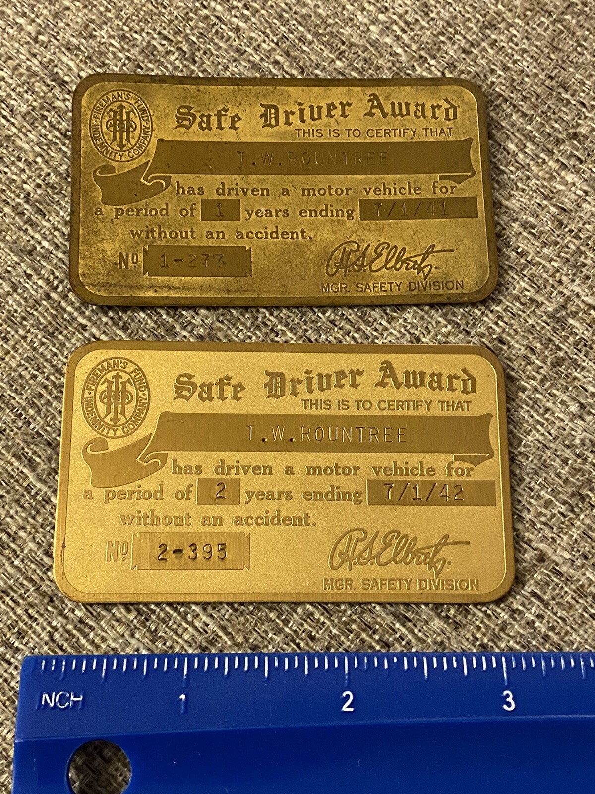 1941 & 1942 Fireman’s Fund Indemnity Company Brass Safe Driver Awards Insurance